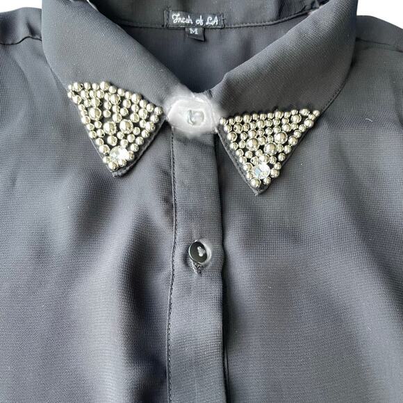 Women Black Sheer Blouse Beaded Collar Button Up Size M High Low Hem Glam Edgy - Picture 2 of 10